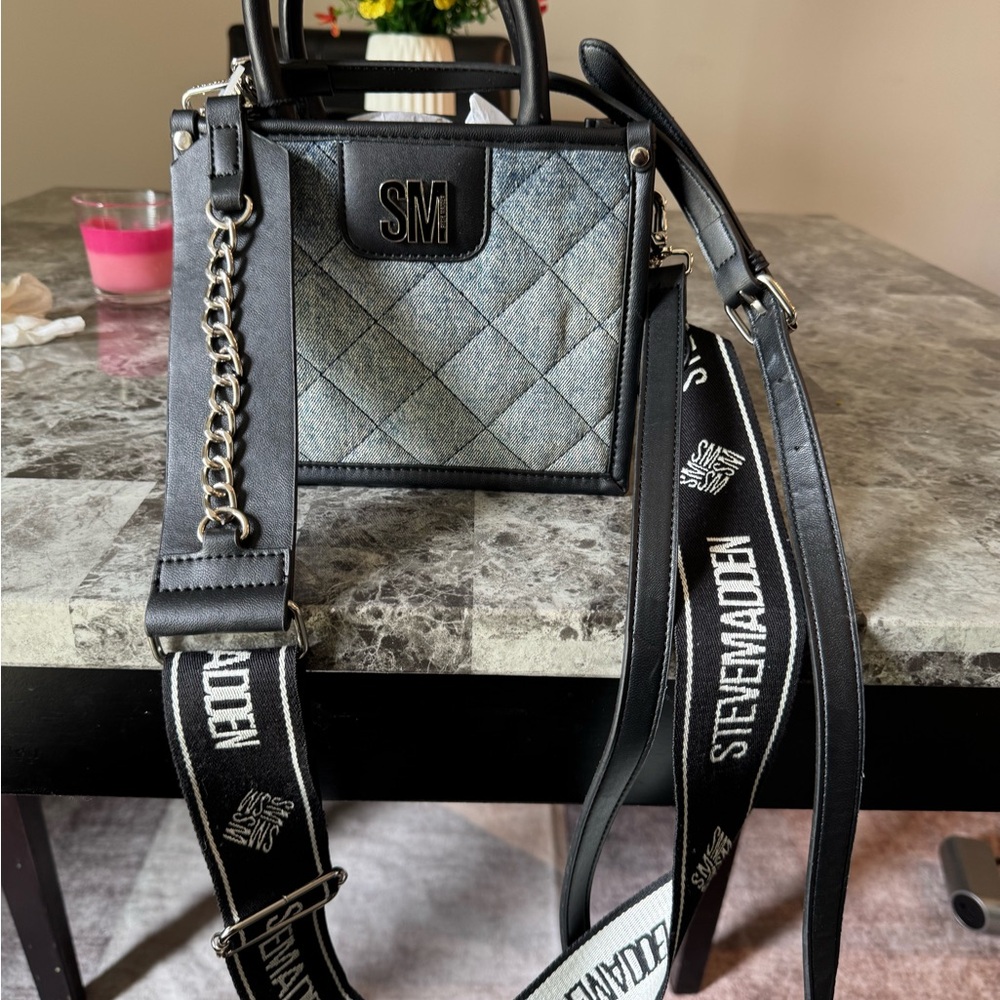 Steve Madden Black and Gray Quilted Crossbody Bag